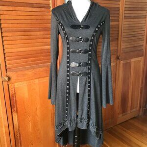 Goth Punk Emo Witchy Y2K Hooded Gray Buckle High-Low Duster Jacket Top Dress S